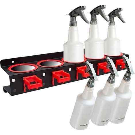 set of spray bottle holders with 5 holes and 5 plastic hanging hooks - Wall-mounted automatic cleaning system - Cleaning tool organizer - Black (1/5)