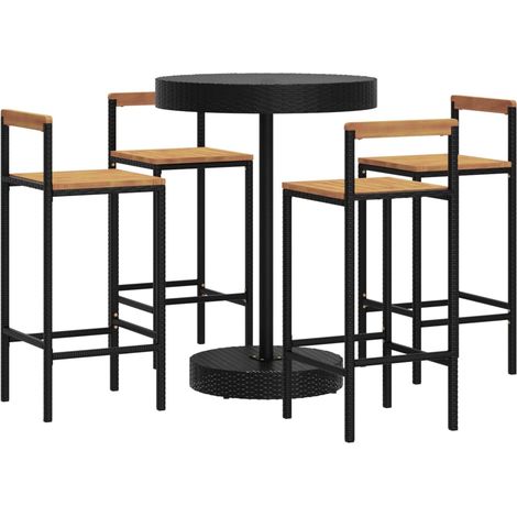 Set bar da giardino mobili da esterno terrazza 5 pezzi polyrattan nero/legno massiccio di acacia 020013483