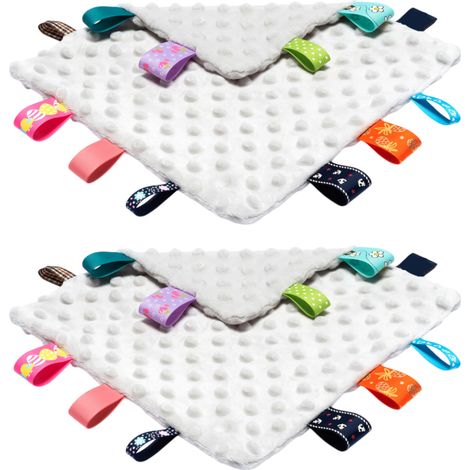 2 couvertures de sécurité pour bébé, 25 x 25 cm, coton doux, étiquettes colorées, jouet sensoriel, doudou et serviette absorbante, dès 3 mois (1/5)