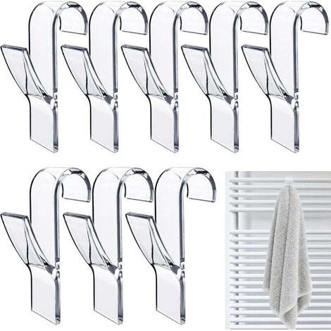 8 crochets ronds pour radiateur, crochets porte-serviettes blancs, crochets porte-serviettes de salle de bain, crochets pour sèche-serviettes, adaptés à tous les radiateurs standard (transparents). (1/4)