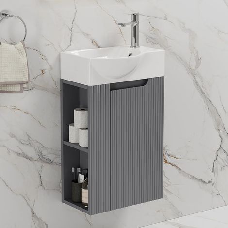HOROW Meuble vasque 40 cm Gris avec vasque en céramique – Meuble de salle de bains suspendu avec rangement (1/5)