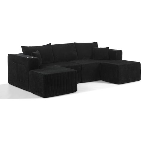 Divano Angolare Modulare 3 Posti con Pouf Mobili, Porta Bicchieri, Tasche Laterali, Cuscini, Schiuma, Nero (1/5)