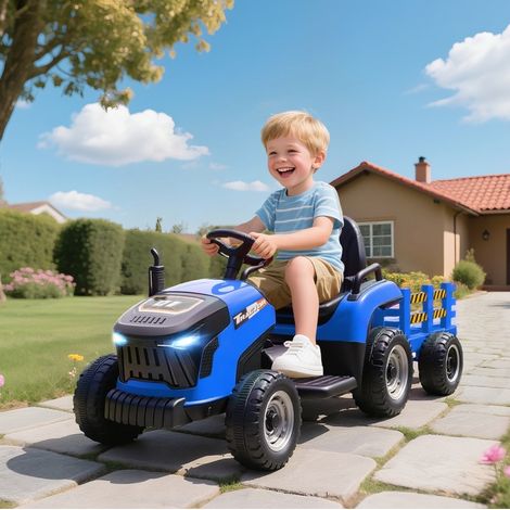 Trattore elettrico per bambini con rimorchio rimovibile, telecomando, 3-5 km/h, blu HAVRYA (1/3)