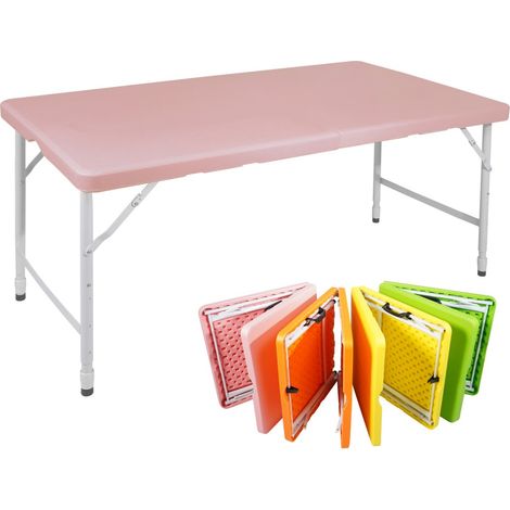 Table de camping pliante robuste 125cm-Hauteur reglable-Portable poignee-Capacite 135kg-Rose-125x61x74(cm) (1/5)