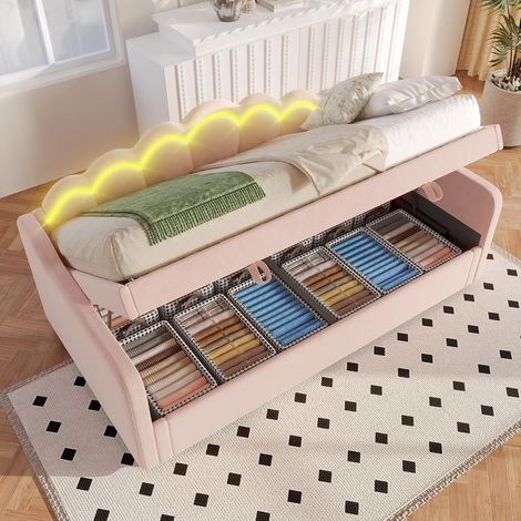 90 x 200 cm Stauraumbett – mit hydraulischem Staufach und mehrfarbigem LED-Streifen – Matratze nicht enthalten – Samtbezug – Rosa