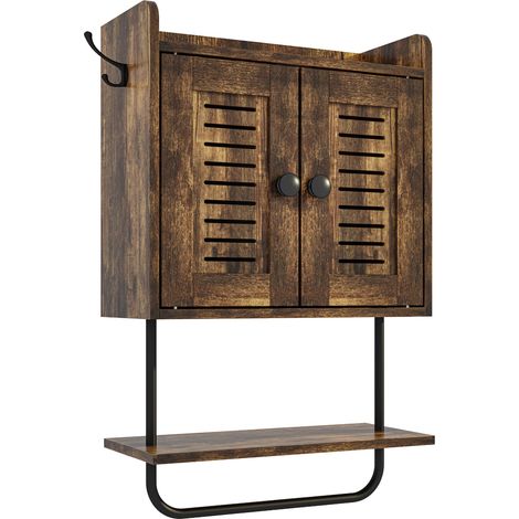Relaxdays Armoire murale, porte-serviettes, 2 crochets doubles, 2 étagères, double porte, HBT : 61 x 40 x 17,5 cm, brun