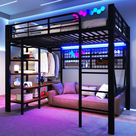 Cama alta 140 x 200 cm de metal con LED, estante, barra de colgar, negra (1/5)