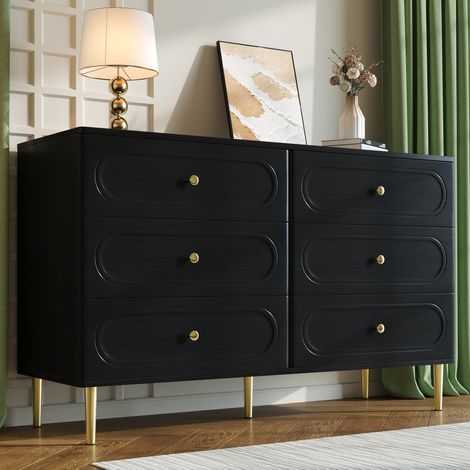 Buffet 120x40x75 cm avec 6 tiroirs et niches ovales, meuble de rangement salon moderne sur pieds métal, MDF, Noir (1/5)