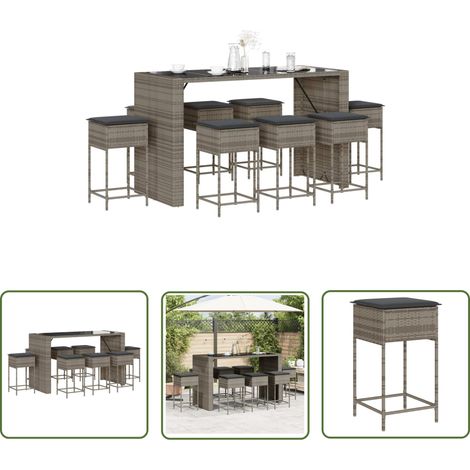 The Living Store 9-tlg. Gartenbar-Set mit Kissen Grau Poly Rattan - Gartensets - Gartenmöbel - Esstisch - Barhocker - Outdoormöbel