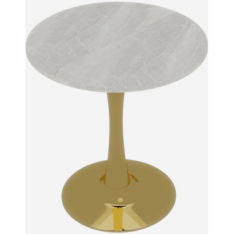 Table basse dorée de 27,6 pouces, table à manger style moderne du milieu du siècle, pour 2 à 4 personnes, avec plateau rond en marbre à veinage blanc, idéale pour divers espaces. (1/5)