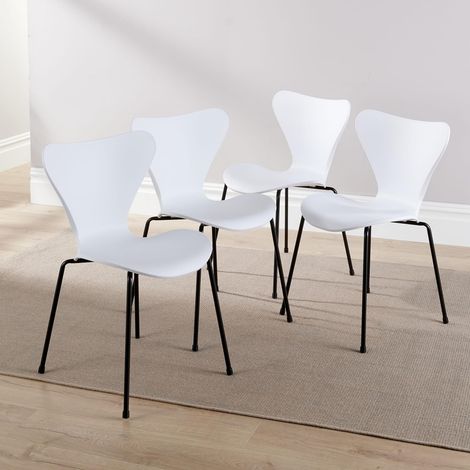 Set 4 Dining Chairs Curved White Iron Tube Legs PP Seat Retro Diner Furniture (1/3)