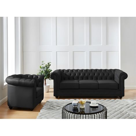 Canapé 3 places et fauteuil en cuir de buffle CHESTERFIELD - Noir (1/3)