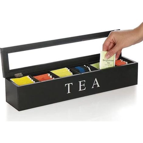 Boîte à thé en bois à 6 compartiments - Boîte à thé - Boîte de rangement pour capsules de café - Noire - Bois - 43 x 9 x 8,7 cm (1/5)