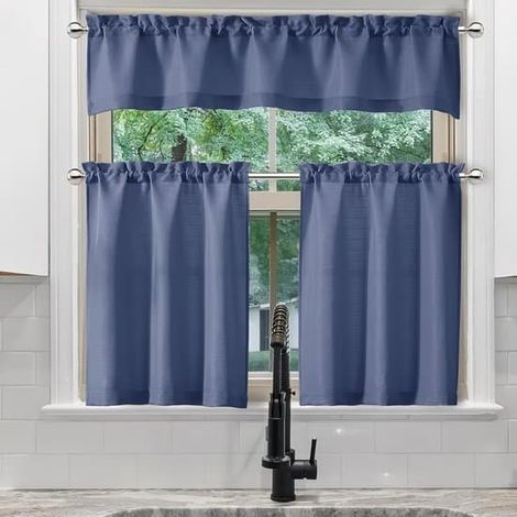 Ensemble de rideaux de cuisine 3 pièces en lin bleu, 75 x 36 cm et 76 x 114 cm (1/5)