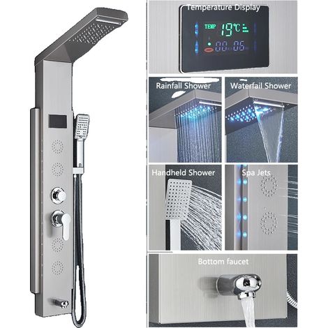 Panneau de douche en nickel brossé, fonction lumière LED, jets de massage SPA (1/2)