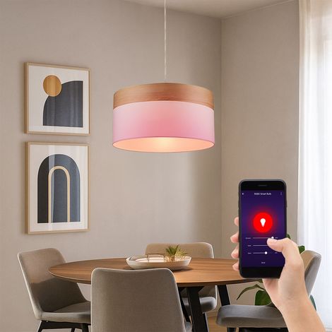 Hängeleuchte Wohnzimmer LED Pendelleuchte Esstischlampe Holzoptik Textil weiß, 8,5W 806lm warmweiß-kaltweiß, DxH 40x120 cm (1/5)