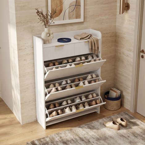 Scarpiera con 3 ribaltine e 2 cassetti, grande capacità, frontali scanalati eleganti per ingresso, stile scandinavo moderno(77.1×24.2×133.5cm, Bianco)