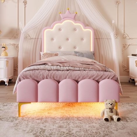 Lit capitonné, 90x200cm, à sommier à lattes (matelas non inclus), éclairage d'ambiance avec télécommande, forme princesse, revêtement en polyuréthane, rose, garantie 2 ans