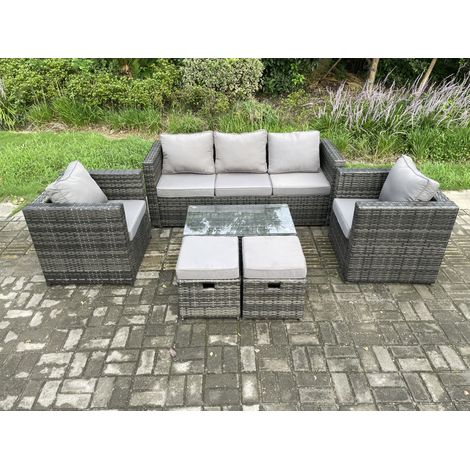 Fimous Outdoor Rattan Garden Furniture Set with 3 Seater Sofa Coffee Table 2 Armchairs 2 Small Footstool Patio Lounge Sofa Set Dark Grey Mixed (1/5)