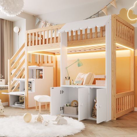 Litera 90x200 cm de madera con escalera con almacenaje, compartimentos y luces LED multicolor (1/5)