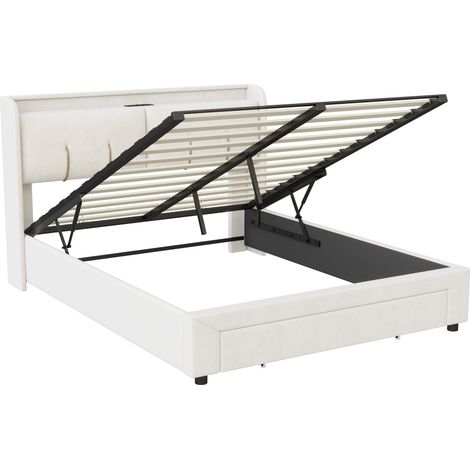 Lit à pression avec rangement, bande lumineuse et port de chargement USB, lit double 140 x 200 cm en velours beige, chargeur standard européen (1/5)
