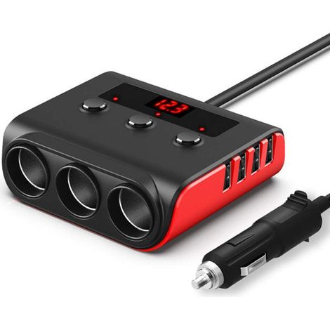 120W Car Cigarette Lighter with 3-in-1 Switch, Voltage Display, 4 USB Ports, 1-to-3 Charging Split - Black + Red (1/2)