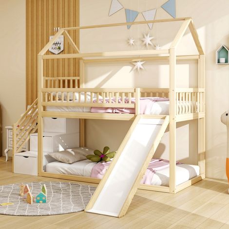Lit superposé enfant 90x200 - Toboggan, échelle rangement, haute clôture - Bois massif couleur bois (sans Matelas) (1/5)