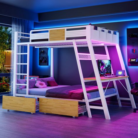 Lit superposé en métal 140x200 cm, lit mezzanine avec bureau gaming intégré, LED, prises USB et 2 tiroirs de rangements, style industriel, pour chambre ado et studio, Blanc (1/5)