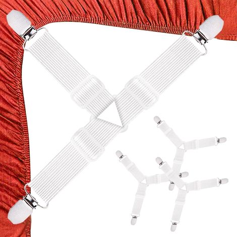 4 correas para sábanas ajustables triangulares, elásticas, con clip para colchón, color blanco (1/5)