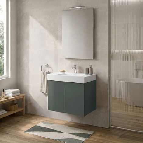 Mobile bagno sospeso 60 cm verde con due ante e lavabo in resina Tierra (1/5)