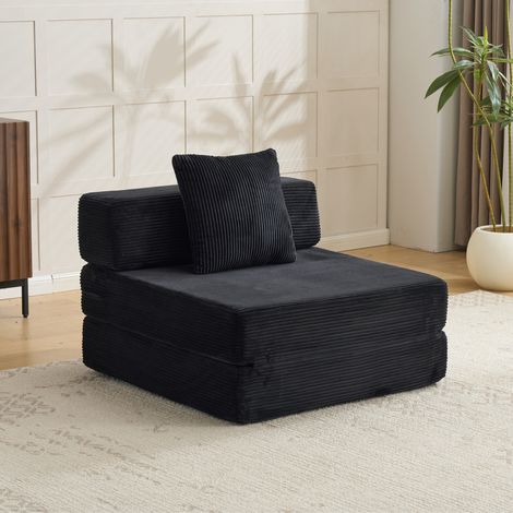 Canapé de sol convertible en velours côtelé avec coussin dossier, accoudoir, lit 1 place confortable, noir (1/5)