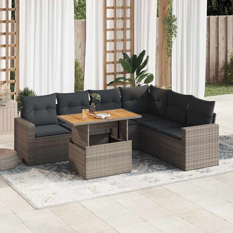 Canapé d'angle extérieur 7 places en résine tressée grise avec housses et table relevable (1/5)