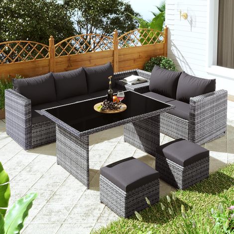 Set of 7-seater synthetic rattan garden corner sofas with a 130 x 70 cm glass top, and a side storage table with cushions. (1/5)