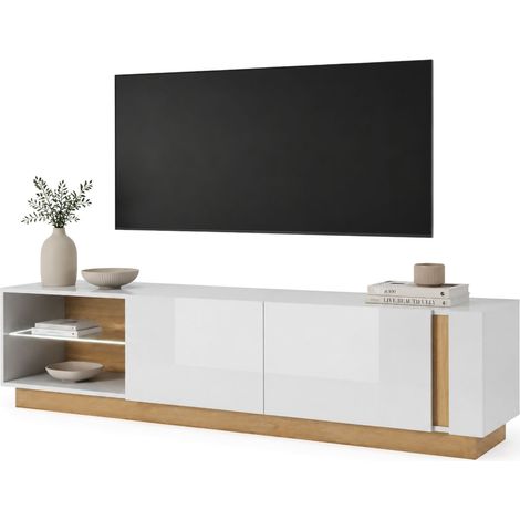 TV-Schrank Kahadada, 2 Regale, 2 Türen, Glasboden, 188x40x46h cm, Eichenholz Braun