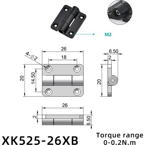 (XK525-26XB) 2 charnières à clapet pliantes en plastique et alliage de zinc avec amortisseur de torsion, butée de positionnement réglable et tampon de couple (1/5)