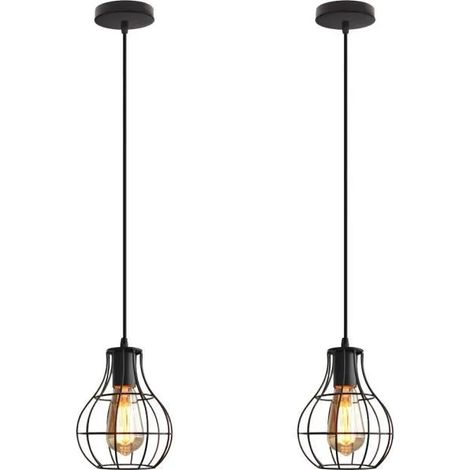 U-Do 2x Vintage Lustre illuminé Lampe Cage en Fer Noir E27 Suspension Luminaire Rétro Lampe pour Escalier Chambre (1/4)