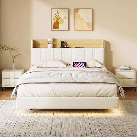 Bett 140x190 cm - Schwebebett 140x190 cm mit LED und USB-Anschlüssen - 2 Personen - Kopfteil mit Stauraum - Lattenrost enthalten - Weiß