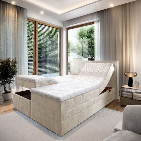 Lit adulte 160x200 POSITANO - ensemble relaxation électrique, matelas ressorts ensachés, rangement, surmatelas en tissu beige (1/5)