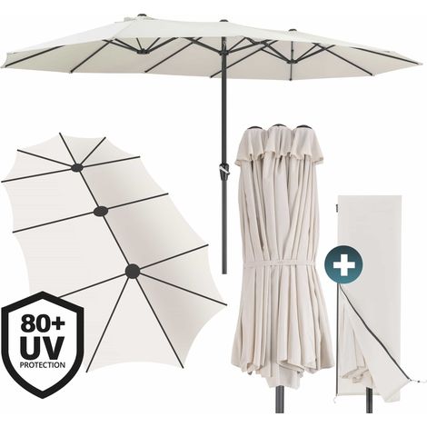 4.6m wide double parasol with UV 80+ crank handle – Waterproof cover – 48mm powder-coated steel mast – 3 wind openings for stability – Kingsleeve (1/5)