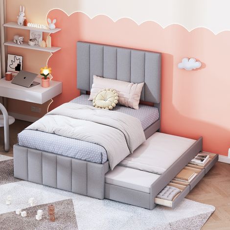 Polsterbett 90x200 cm mit Rollbett und 3 Stauraumschubladen, Einzelbett ausziehbar mit höhenverstellbarem Kopfteil, Leinenstoff Grau (1/5)