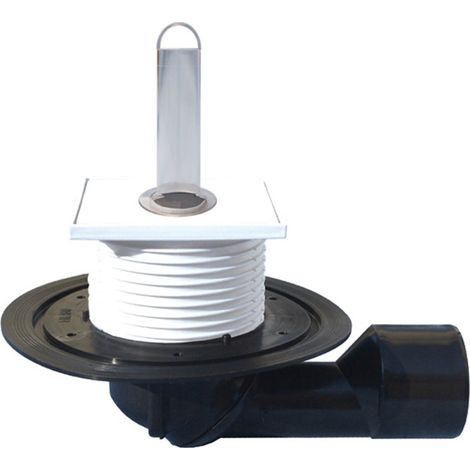 Scarico pavimento DN50/75 con sifone, piatto inox 100x100mm, tubo troppo-pieno in plexiglass 100mm