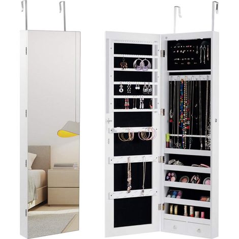 COSTWAY Armadietto per Gioielli con Specchio Portagioie, Specchiera da Parete con Luci LED, Bloccabile a Chiave, 33,5 x 10 x 120 cm (Bianco)