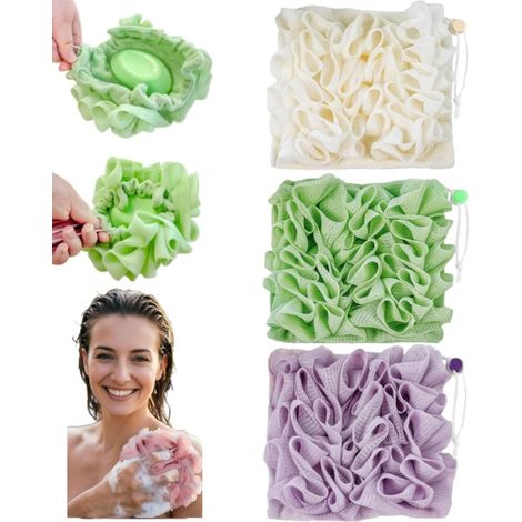 Gant de toilette en luffa 2 en 1 - Peut contenir un savon - Boule de douche en maille pour le corps et la peau lisse - Serviette de vaisselle en luffa (blanc, vert, violet)1717cm (1/5)