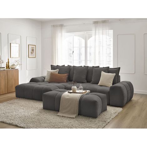 BOBOCHIC - Canapé d'angle convertible coffre EVEREST tissu texturé avec pouf Angle gauche Gris foncé (1/5)