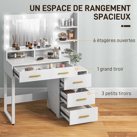 Coiffeuse miroir 9 LED 4 tiroirs 6 compartiments 100x40x138 cm blanc (1/5)