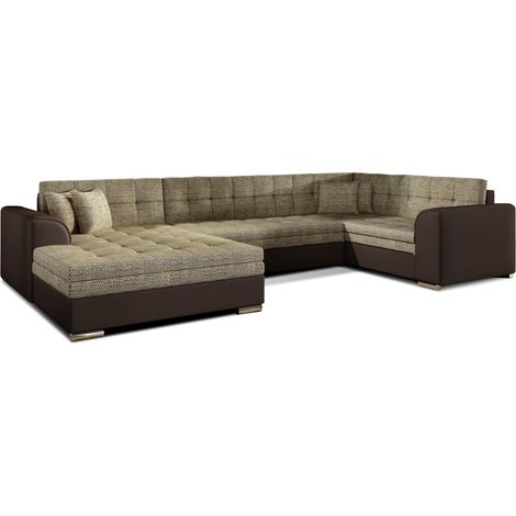 Canapé panoramique convertible CALDERO 5 places beige et chocolat – angle gauche (1/5)