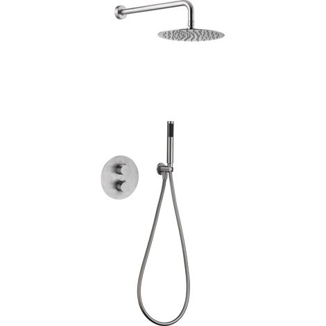 Colonna Doccia Incassata con Termostato  Modello MOSCA  Soffione di dimensioni Standard  Colore Grigio Finitura in Acciaio [ IMEX® ] (1/2)