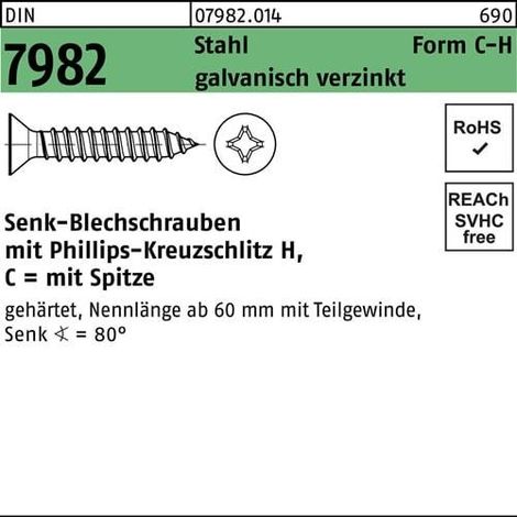 Vis à tôle tête fraisée DIN 7982 PH/pointe C 6,3x50-H acier galv. 100p.