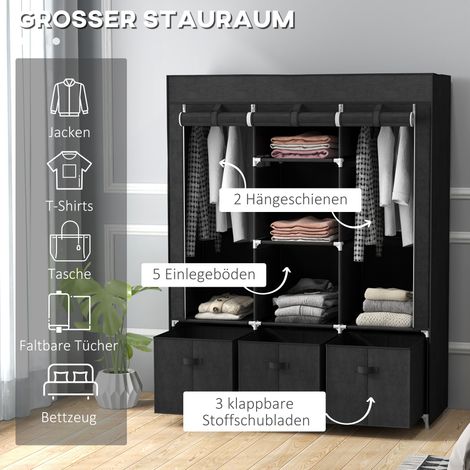 Stoffkleiderschrank, faltbarer Kleiderschrank aus Vliesstoff mit 3 Schubladen, 125 cm x 43 cm x 162,5 cm, Schwarz. (1/5)