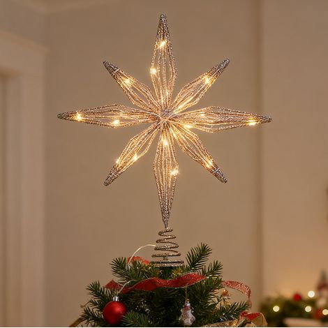 Cimier de sapin de Noël avec 20 lumières LED, Décoration d'étoile pour le sommet du sapin de Noël, Étoile de Noël en métal, 33 cm x 25 cm (champagne) (1/5)